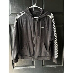 Vans Funnier Times Zip Hoodie Black Fleece Skater Jacket Check Sleeves Y2K Crop